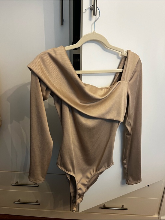Tops - Satin One-Shoulder Long Sleeve Bodysuit - Taupe